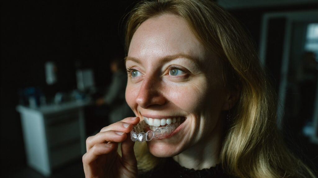 A dentist fitting an Invisalign aligner on a patient’s teeth demonstrating teethmaxxing whitening and straightening