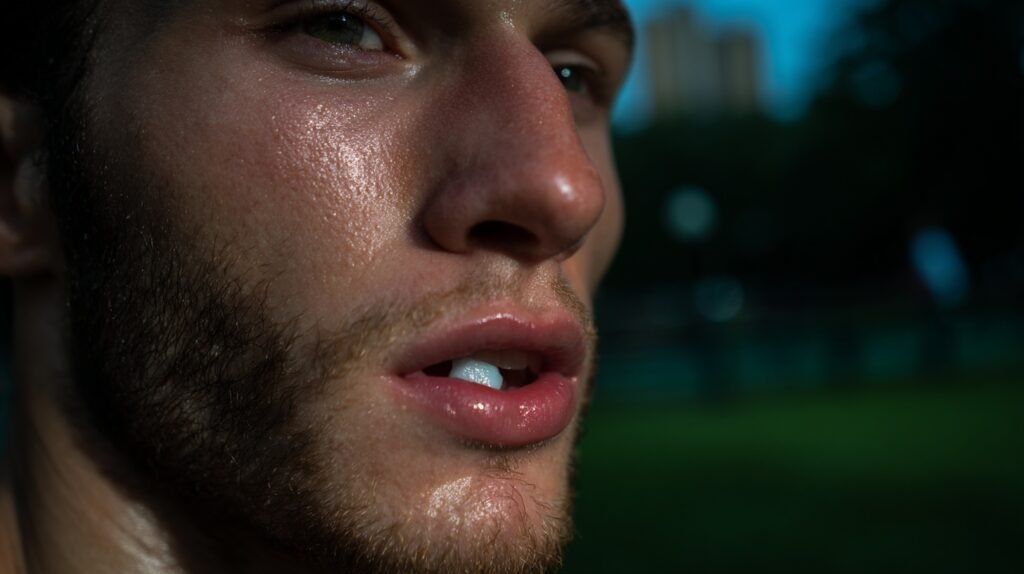 An adult man outdoors chewing gum as part of advanced mewing exercises, captured with natural diffused light in a park setting.