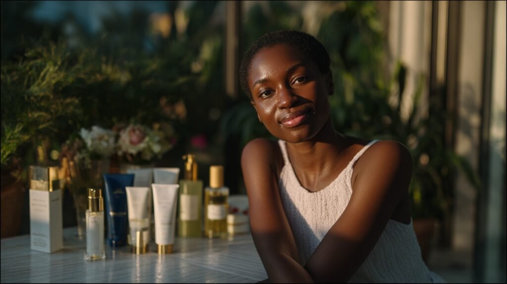 A radiant woman showcasing clear, glowing skin with looksmaxxing skincare routine essentials like tretinoin for clear skin and sunscreen, illustrating the best skincare routine for looksmaxxing and daily skincare routine for facial attractiveness.