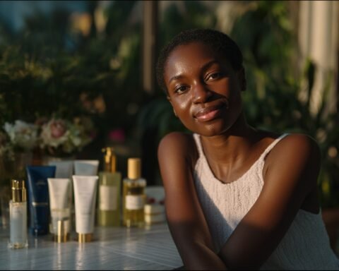 A radiant woman showcasing clear, glowing skin with looksmaxxing skincare routine essentials like tretinoin for clear skin and sunscreen, illustrating the best skincare routine for looksmaxxing and daily skincare routine for facial attractiveness.