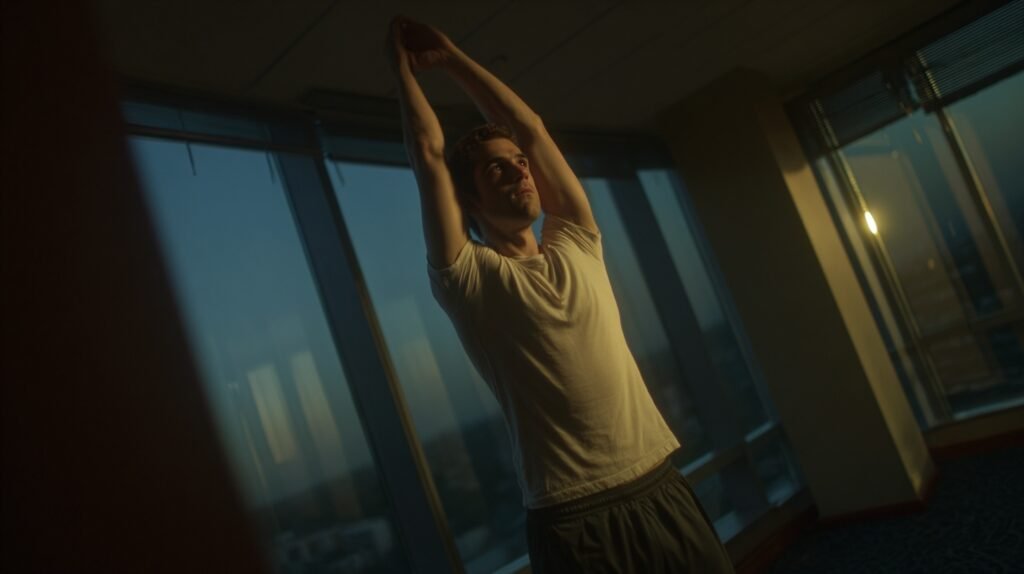 A young adult demonstrating posture training exercises in natural light, illustrating key heightmaxxing tips for better posture and confidence.