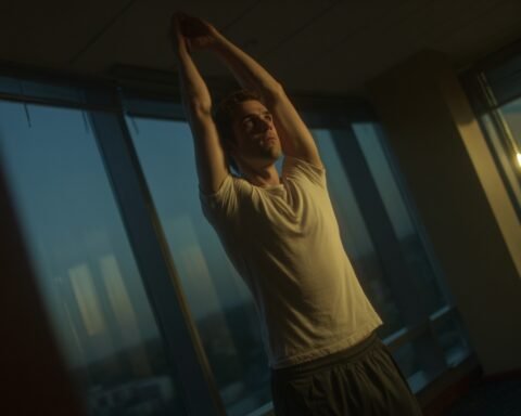A young adult demonstrating posture training exercises in natural light, illustrating key heightmaxxing tips for better posture and confidence.