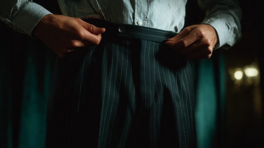 Close-up of clothing details used to enhance height illusions, illustrating practical heightmaxxing tips with fashion tricks.