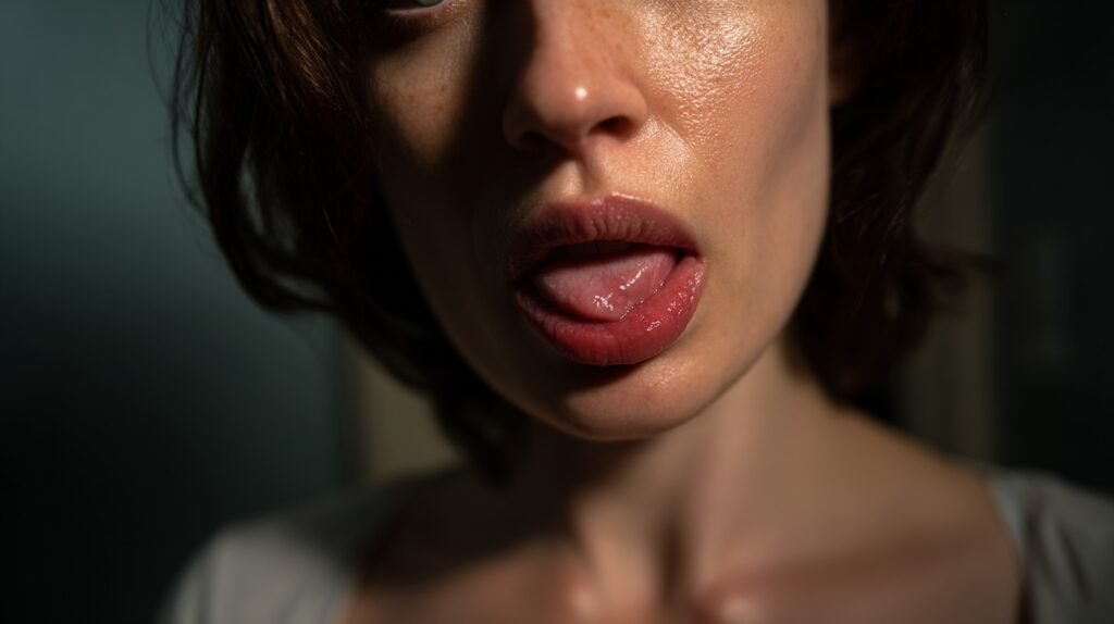 Close-up of a woman practicing advanced mewing with precise tongue posture in front of a mirror, illuminated by soft natural light.