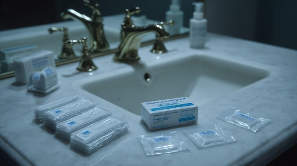 A top-down photograph of at-home teeth whitening products illustrating teethmaxxing whitening solutions