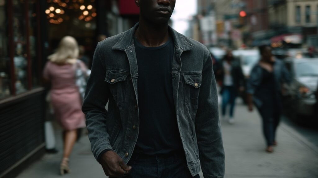 Street-style image of a man wearing slim jeans and a casual jacket demonstrating stylemaxxing men's fashion in an urban environment.