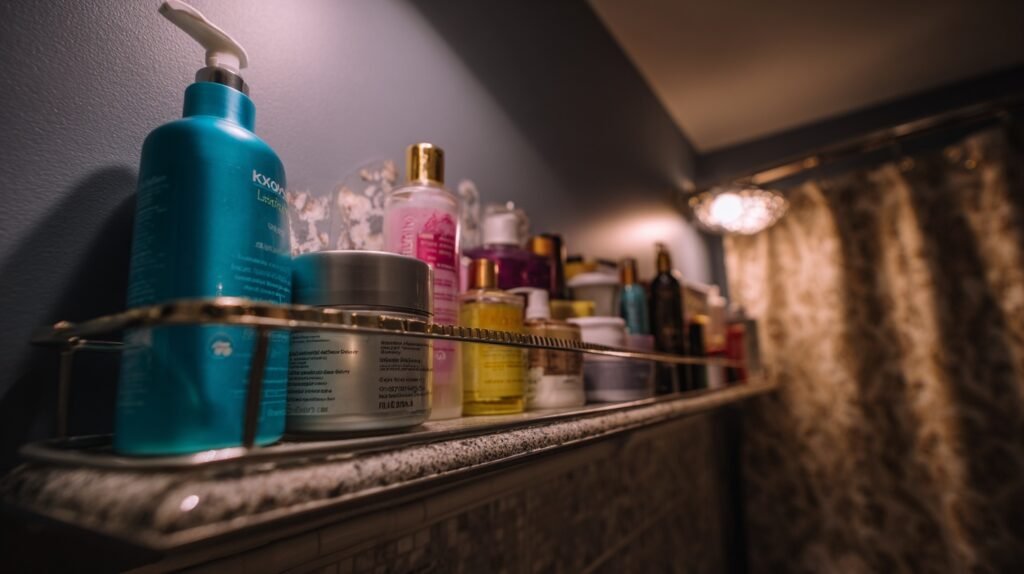 Close-up of looksmaxxing skincare products like tretinoin and sunscreen arranged on a bathroom shelf, illustrating the best skincare routine for looksmaxxing and daily skincare routine for facial attractiveness.