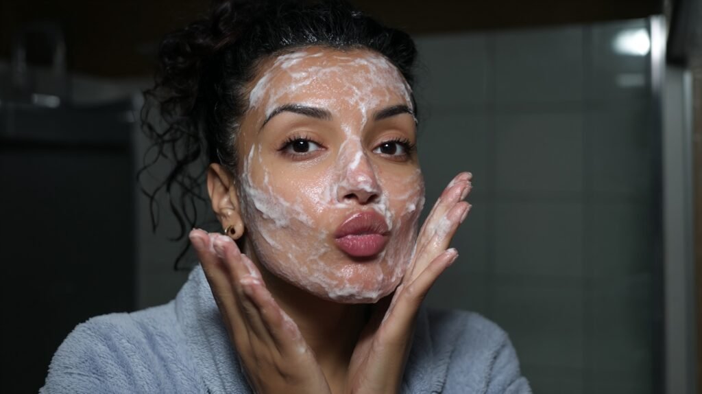 A woman demonstrating a daily skincare routine for looksmaxxing including cleansing, applying tretinoin for clear skin, and sunscreen, showcasing how to get glowing skin fast and improve facial attractiveness.