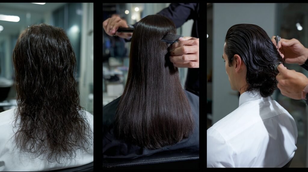 Illustration of best hairstyles for thinning hair by face shape, part of a hairmaxxing guide.