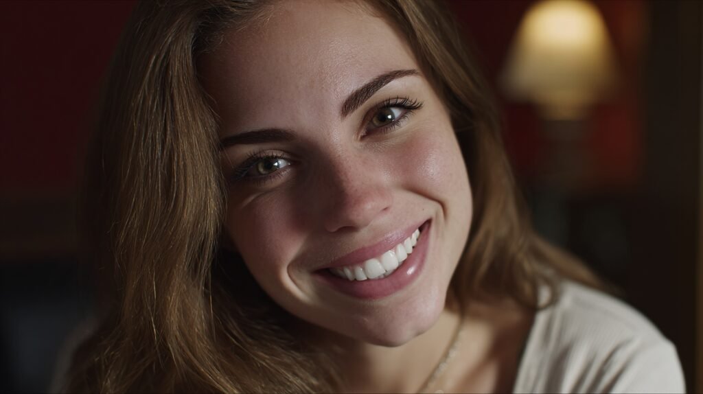 A close-up portrait of a young woman showcasing a radiant smile with teethmaxxing whitening in soft golden hour light