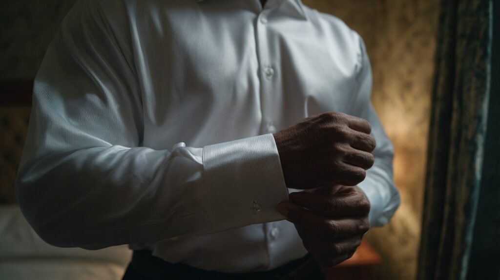 Close-up photograph of a man adjusting a fitted white shirt cuff highlighting stylemaxxing men's fashion essentials and fit basics.