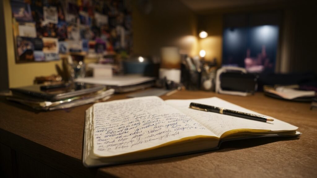 A detailed overhead shot of a progress journal and smartphone documenting advanced mewing results with warm studio lighting.