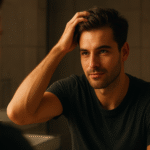 A confident young man admiring his hair growth progress in the mirror during the 90 day hairmaxxing challenge