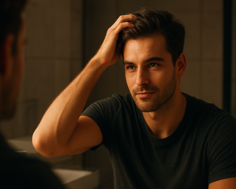 A confident young man admiring his hair growth progress in the mirror during the 90 day hairmaxxing challenge