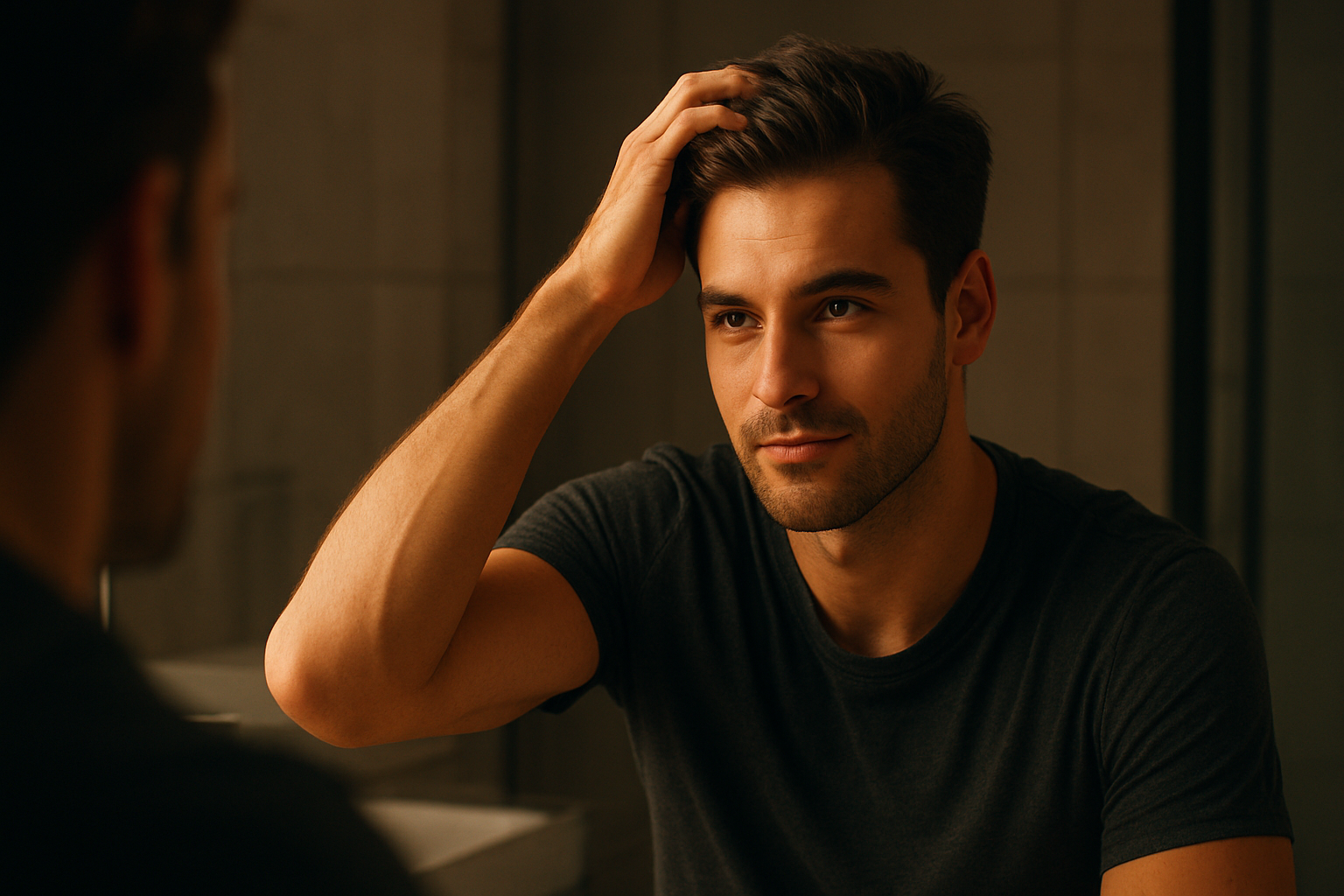 A confident young man admiring his hair growth progress in the mirror during the 90 day hairmaxxing challenge
