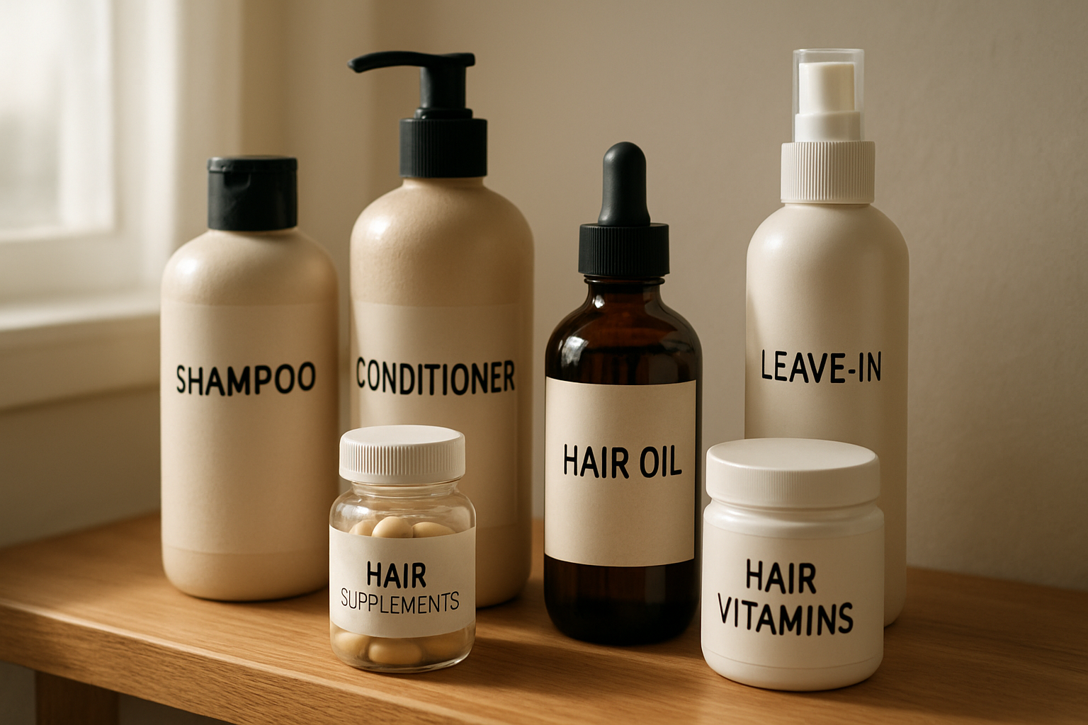 Close-up of hair care products and supplements arranged neatly, essential for the 90 day hairmaxxing challenge