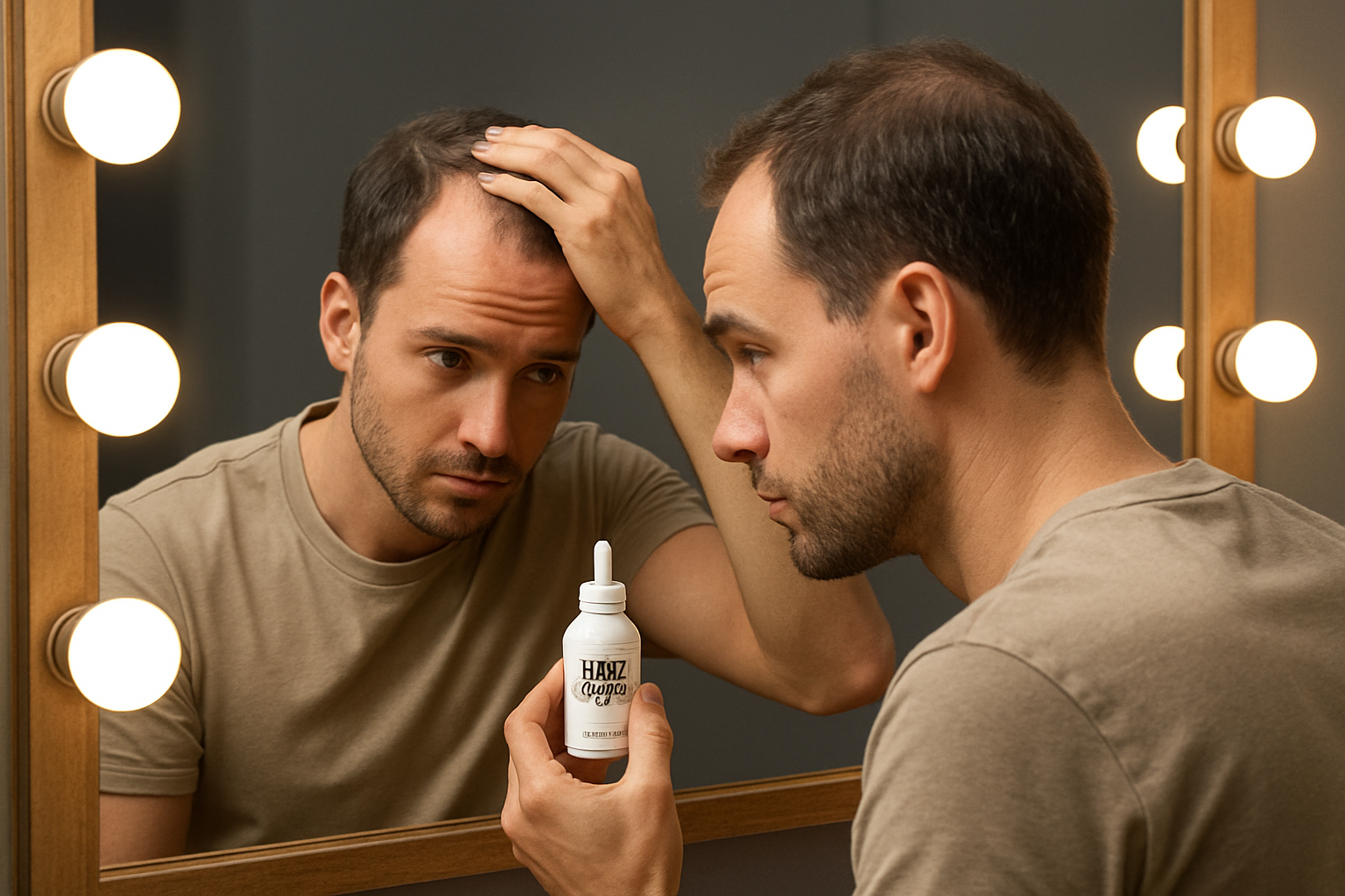 Man applying topical hair treatment in front of mirror as part of the 90 day hairmaxxing challenge