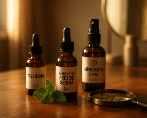 A hyper-realistic cinematic photograph showcasing advanced hairmaxxing stack enhancers including tretinoin, GHK-Cu, and peppermint oil arranged with minoxidil in a warm golden hour light on a wooden vanity.