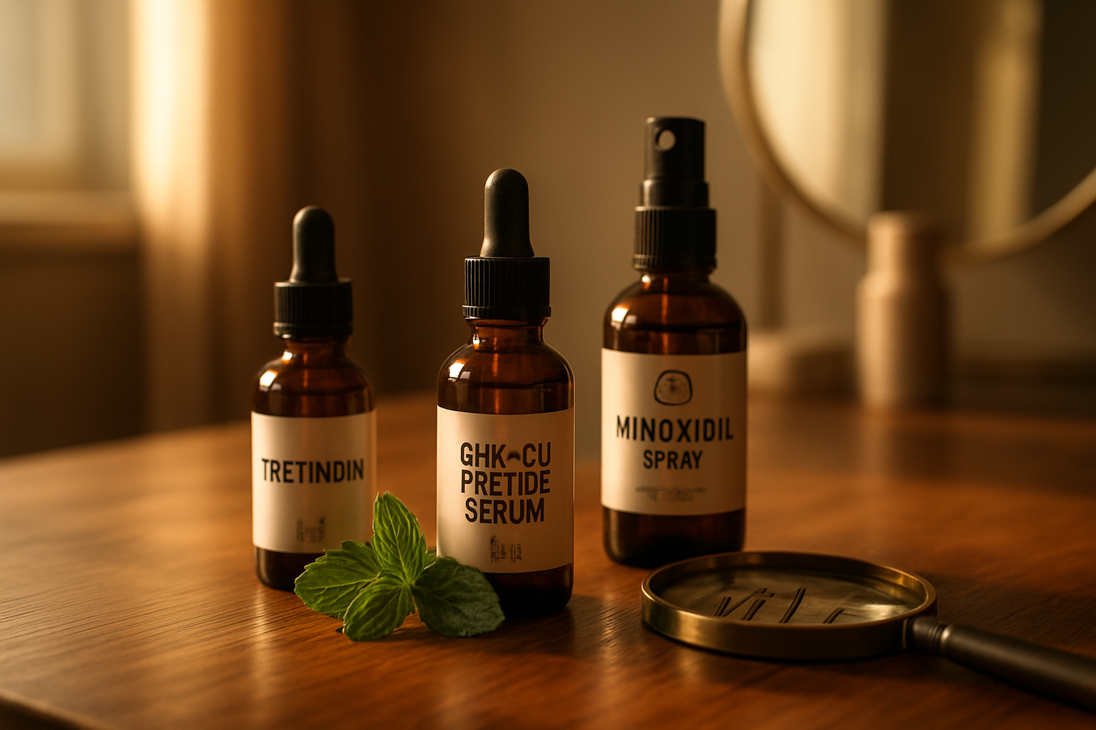 A hyper-realistic cinematic photograph showcasing advanced hairmaxxing stack enhancers including tretinoin, GHK-Cu, and peppermint oil arranged with minoxidil in a warm golden hour light on a wooden vanity.