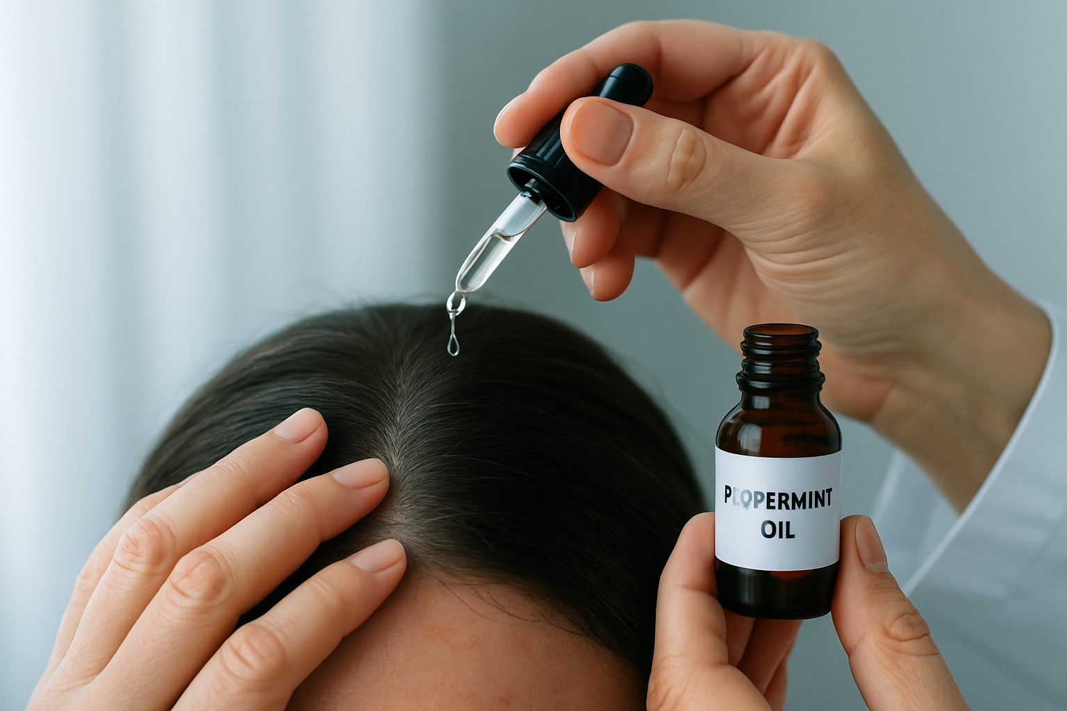 Close-up photorealistic image of applying peppermint oil as part of advanced hairmaxxing stack enhancers on a scalp during a clinical treatment.
