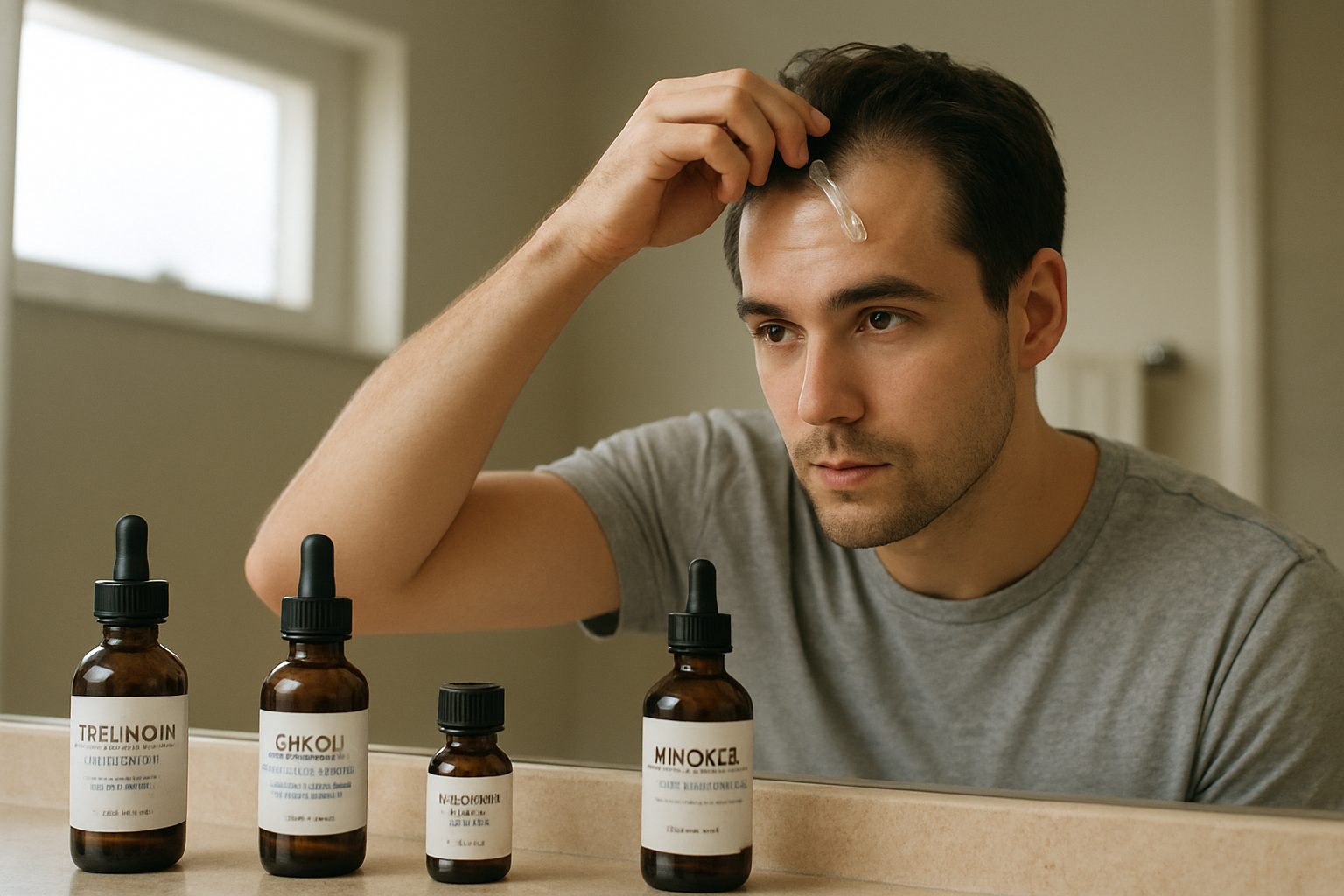 Lifestyle photograph of a man applying minoxidil in a bathroom mirror with advanced hairmaxxing stack enhancers products visible on the counter.