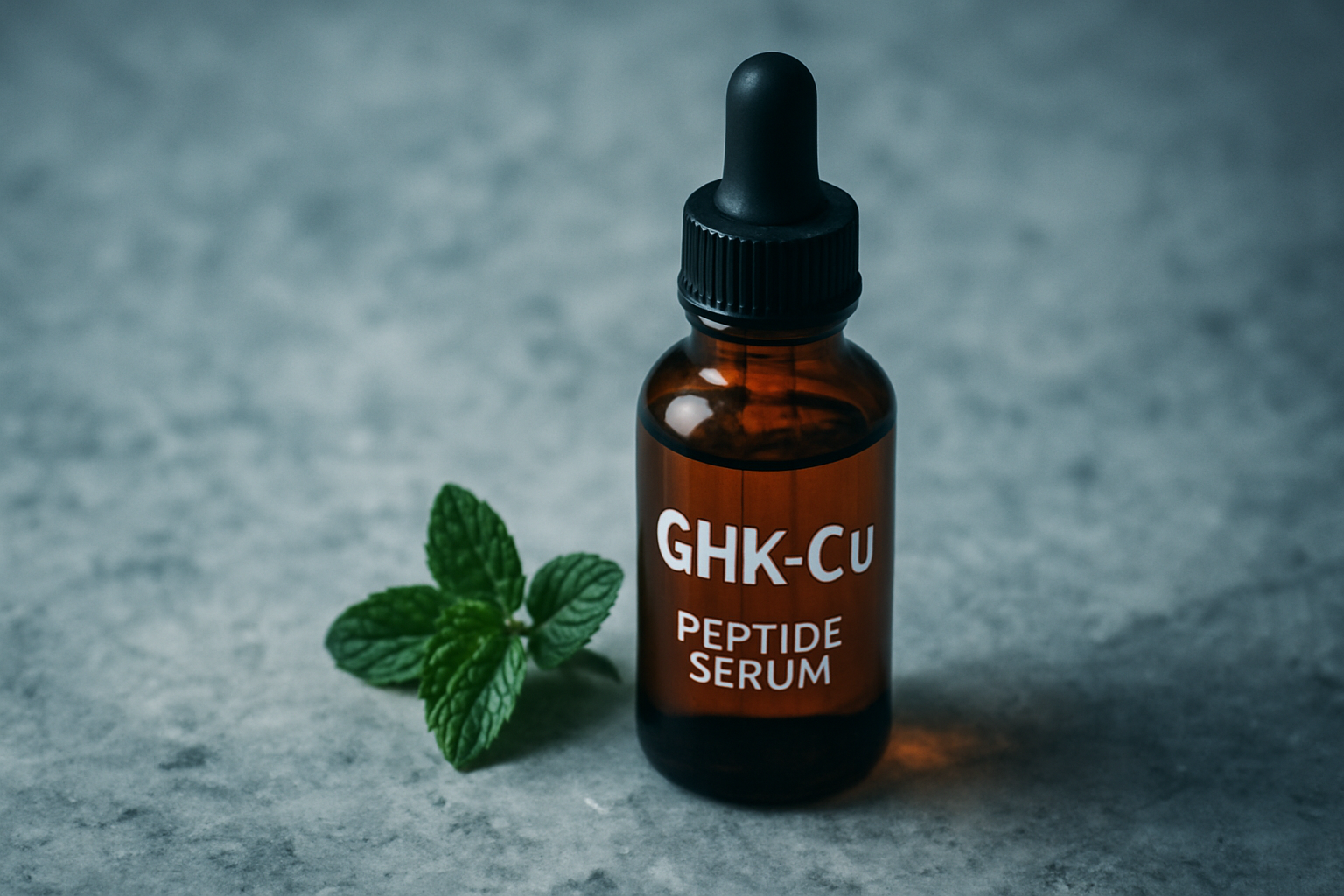 Macro cinematic photograph of a GHK-Cu peptide serum bottle with peppermint on a marble surface highlighting advanced hairmaxxing stack enhancers.