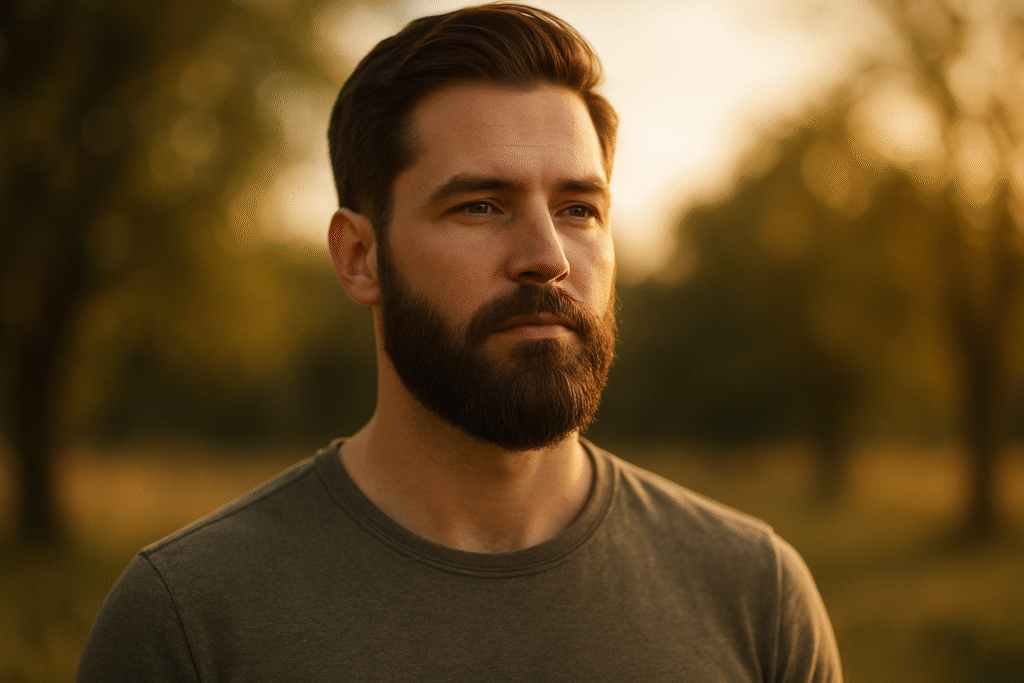 Portrait of a man showcasing beard hairmaxxing synergy with thick beard and healthy scalp hair during golden hour