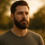 Portrait of a man showcasing beard hairmaxxing synergy with thick beard and healthy scalp hair during golden hour