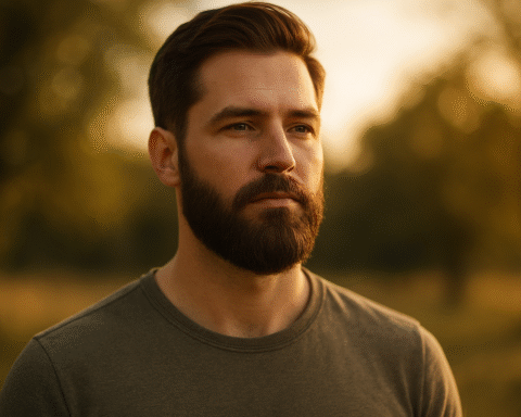 Portrait of a man showcasing beard hairmaxxing synergy with thick beard and healthy scalp hair during golden hour