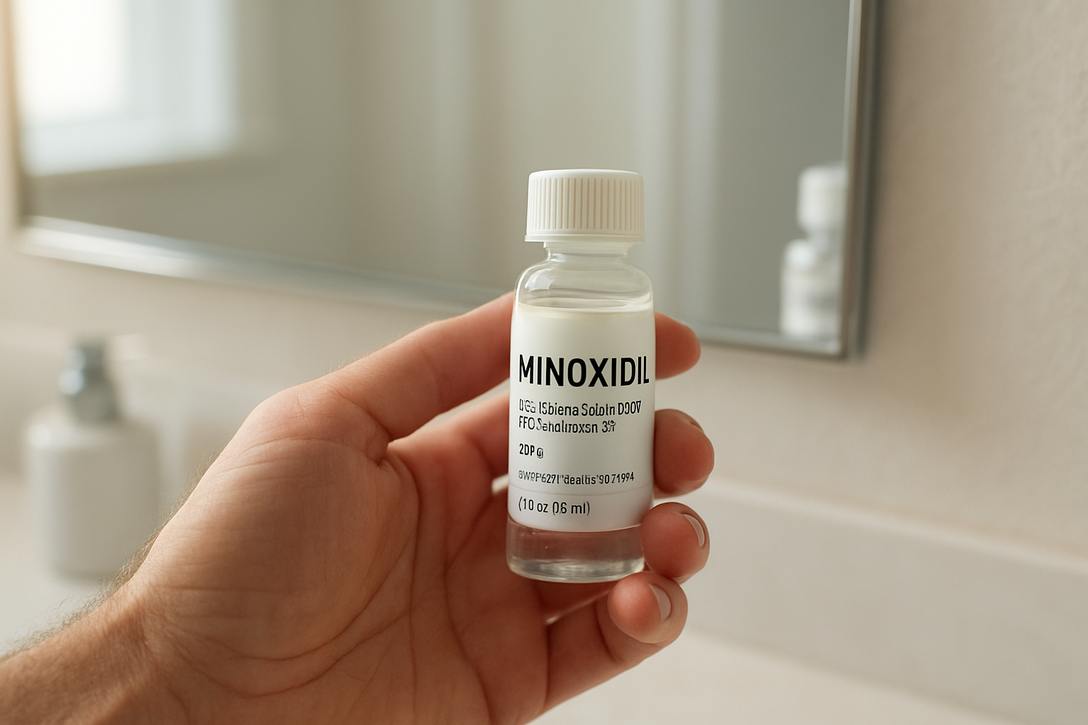 Close-up of minoxidil bottle on bathroom counter illustrating beard hairmaxxing synergy in daily haircare