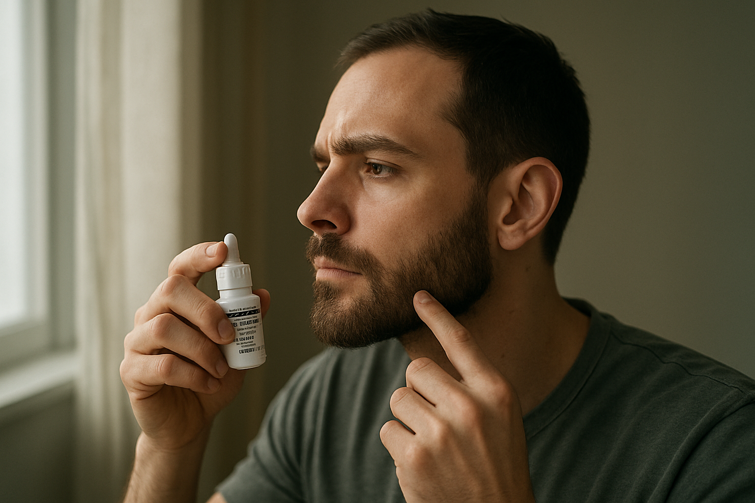 Man applying minoxidil to beard demonstrating beard hairmaxxing synergy with focused scalp protection