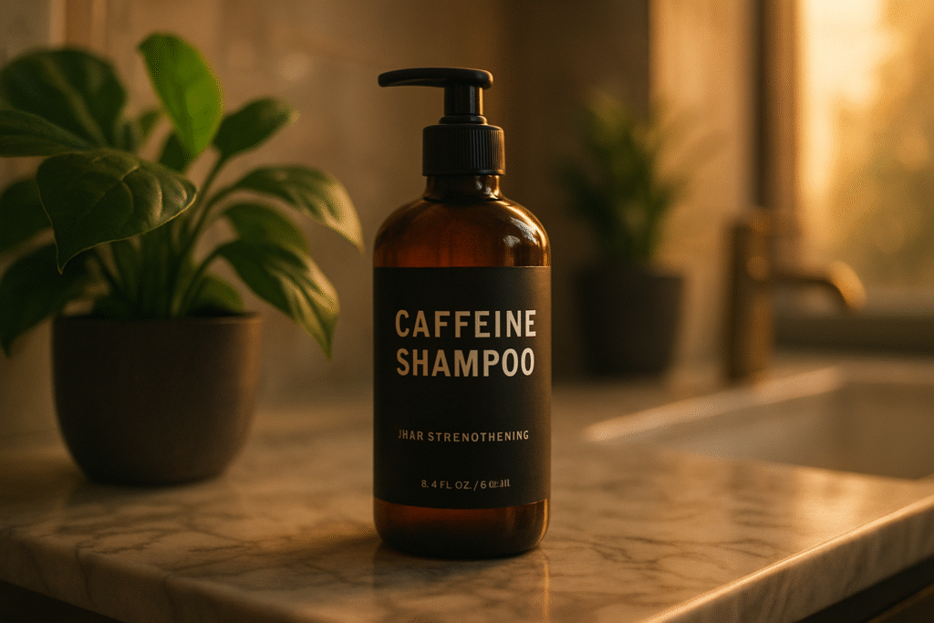 A hyper-realistic cinematic photograph showcasing a caffeine shampoo hairmaxxing product in a warm bathroom setting during golden hour, highlighting the bottle with soft natural light and shallow depth of field.