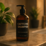 A hyper-realistic cinematic photograph showcasing a caffeine shampoo hairmaxxing product in a warm bathroom setting during golden hour, highlighting the bottle with soft natural light and shallow depth of field.
