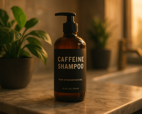A hyper-realistic cinematic photograph showcasing a caffeine shampoo hairmaxxing product in a warm bathroom setting during golden hour, highlighting the bottle with soft natural light and shallow depth of field.