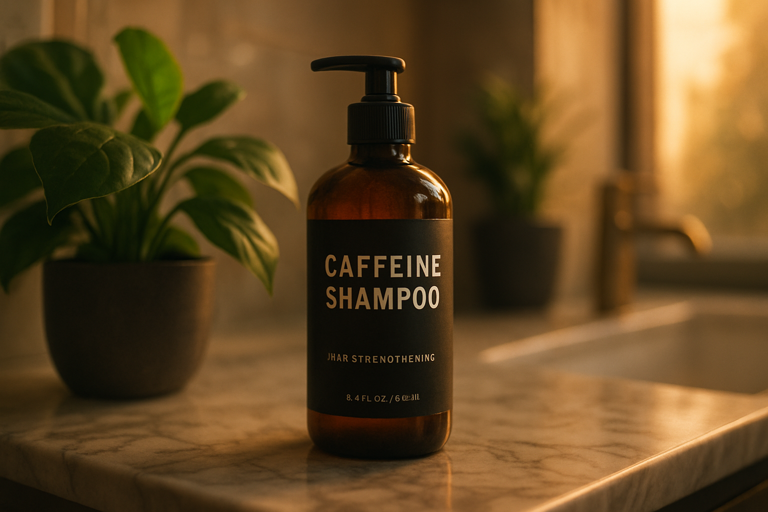 A hyper-realistic cinematic photograph showcasing a caffeine shampoo hairmaxxing product in a warm bathroom setting during golden hour, highlighting the bottle with soft natural light and shallow depth of field.