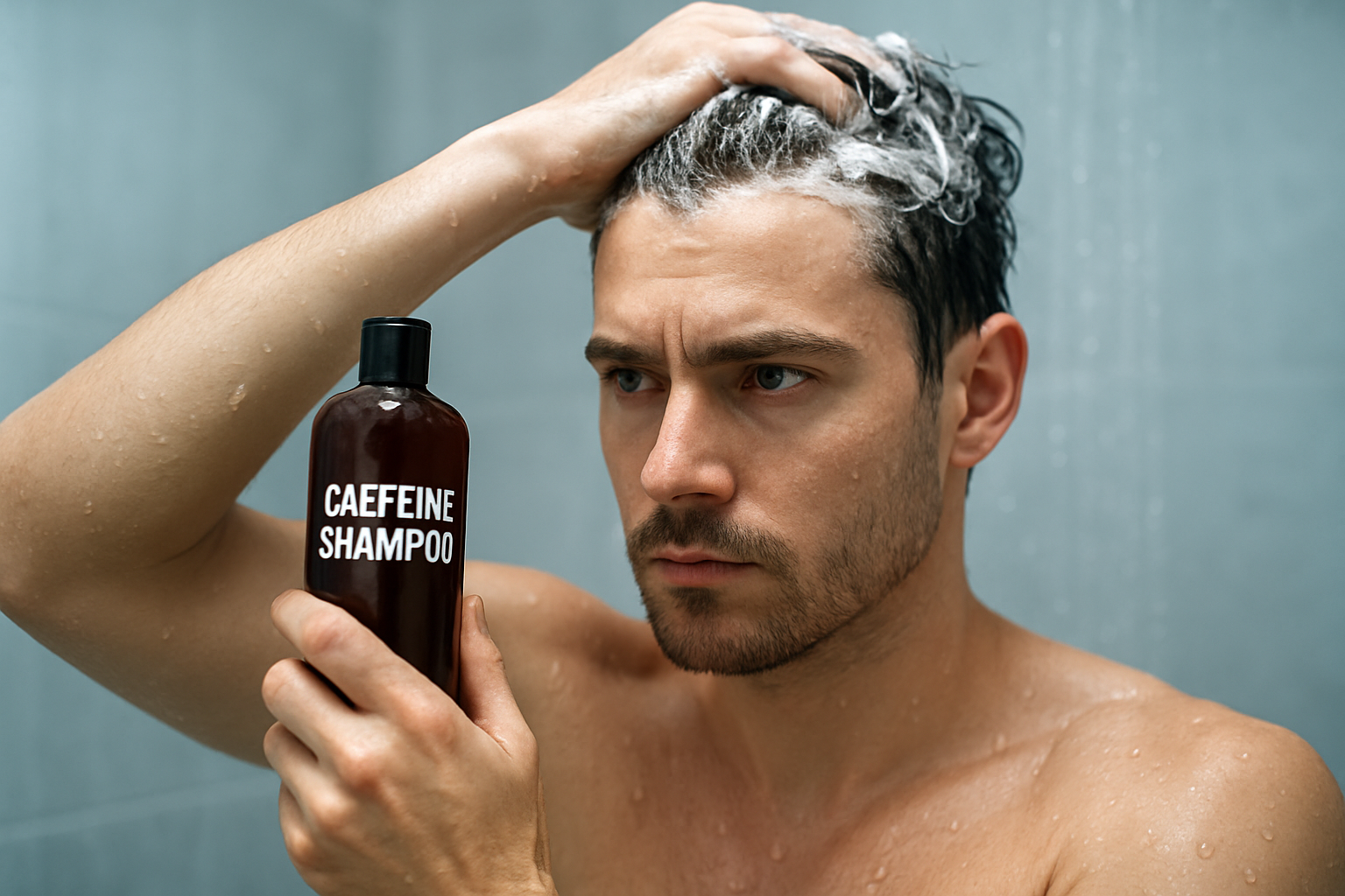 A photorealistic image of a man applying caffeine shampoo hairmaxxing in the shower, captured with soft studio lighting highlighting water droplets and foam texture.