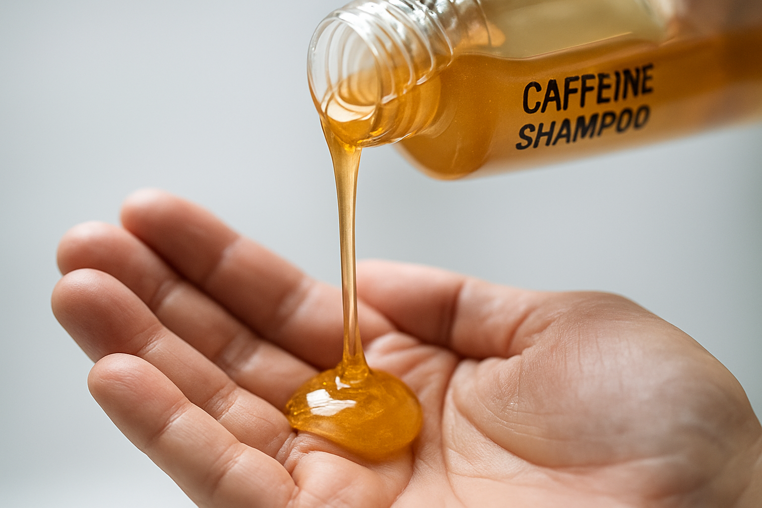 A detailed close-up of caffeine shampoo hairmaxxing being poured into a hand, illuminated by soft natural light to highlight texture and color.
