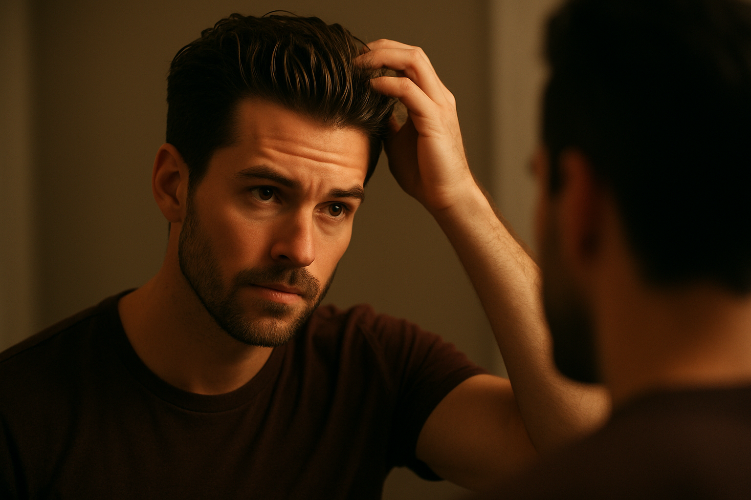 A cinematic still of a man inspecting his hair in the mirror after caffeine shampoo hairmaxxing, captured with soft side lighting to emphasize hair texture and natural tones.