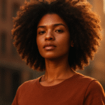 A confident young woman showcases her coily hair in natural sunlight, illustrating curly hair hairmaxxing with healthy texture and shine.