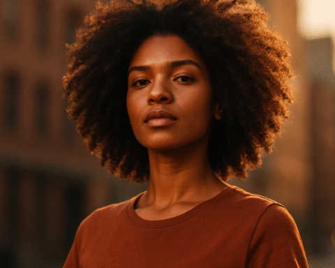 A confident young woman showcases her coily hair in natural sunlight, illustrating curly hair hairmaxxing with healthy texture and shine.