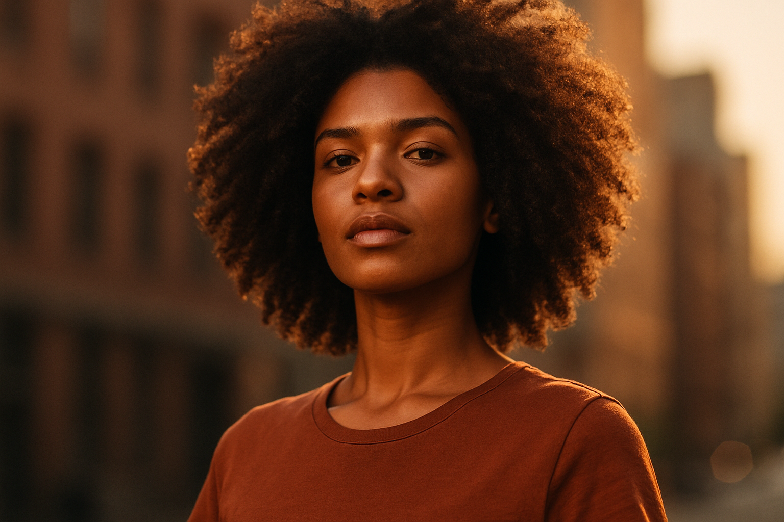 A confident young woman showcases her coily hair in natural sunlight, illustrating curly hair hairmaxxing with healthy texture and shine.