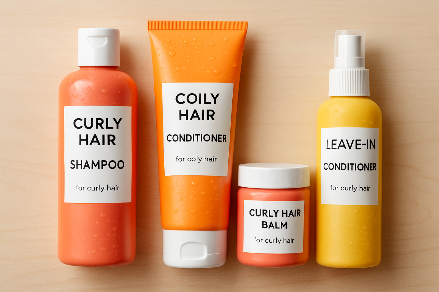 Close-up of specialized hair care products for curly hair hairmaxxing arranged on a wooden surface under soft studio lighting.