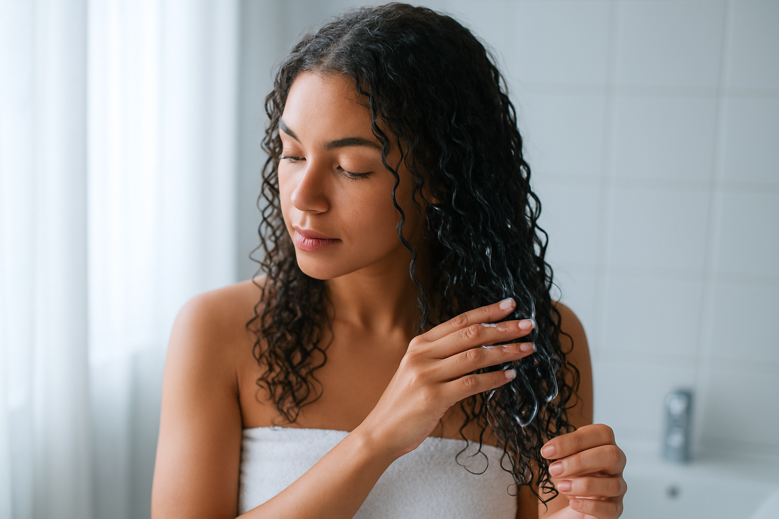 A woman applies leave-in conditioner to her curls, demonstrating curly hair hairmaxxing techniques in a softly lit bathroom.