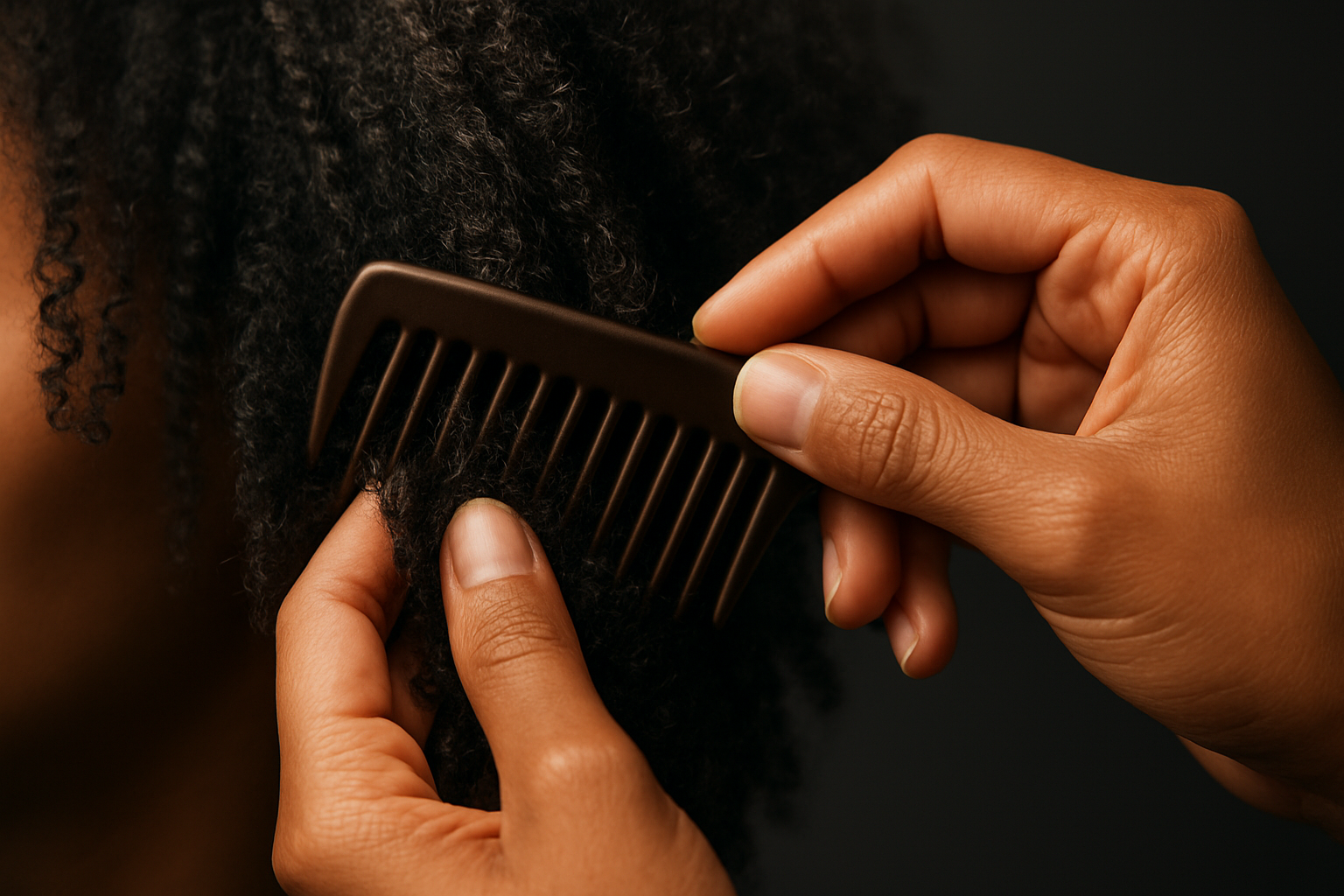 Close-up of hands detangling coily hair, illustrating expert curly hair hairmaxxing care without frizz damage.