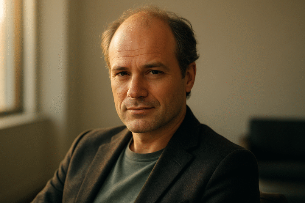 A confident middle-aged man with subtle diffuse thinning hair in a golden hour studio setting, illustrating diffuse thinning hairmaxxing.