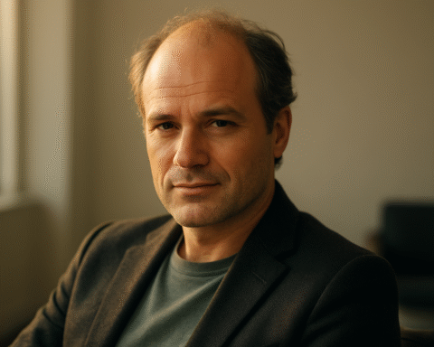 A confident middle-aged man with subtle diffuse thinning hair in a golden hour studio setting, illustrating diffuse thinning hairmaxxing.