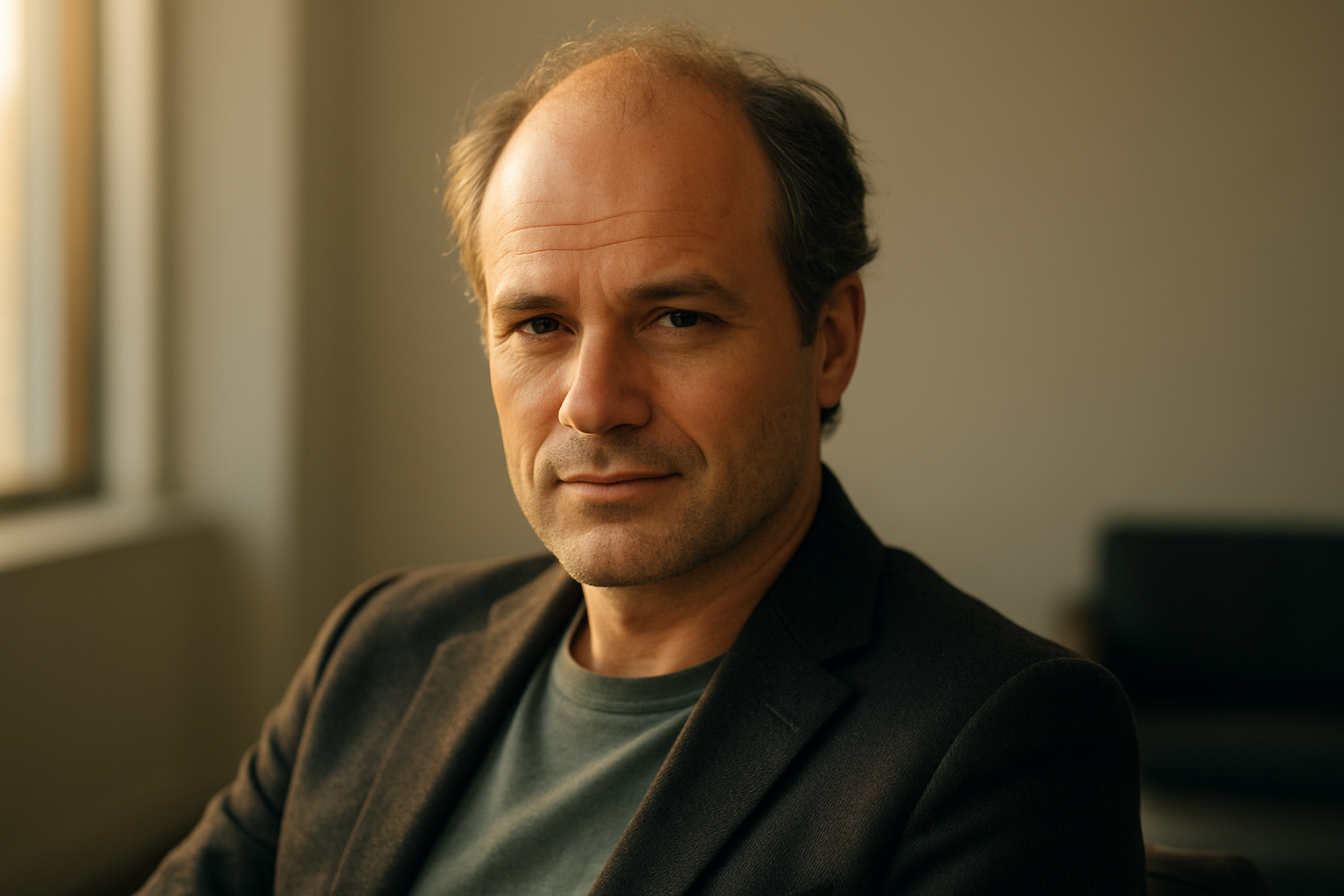 A confident middle-aged man with subtle diffuse thinning hair in a golden hour studio setting, illustrating diffuse thinning hairmaxxing.