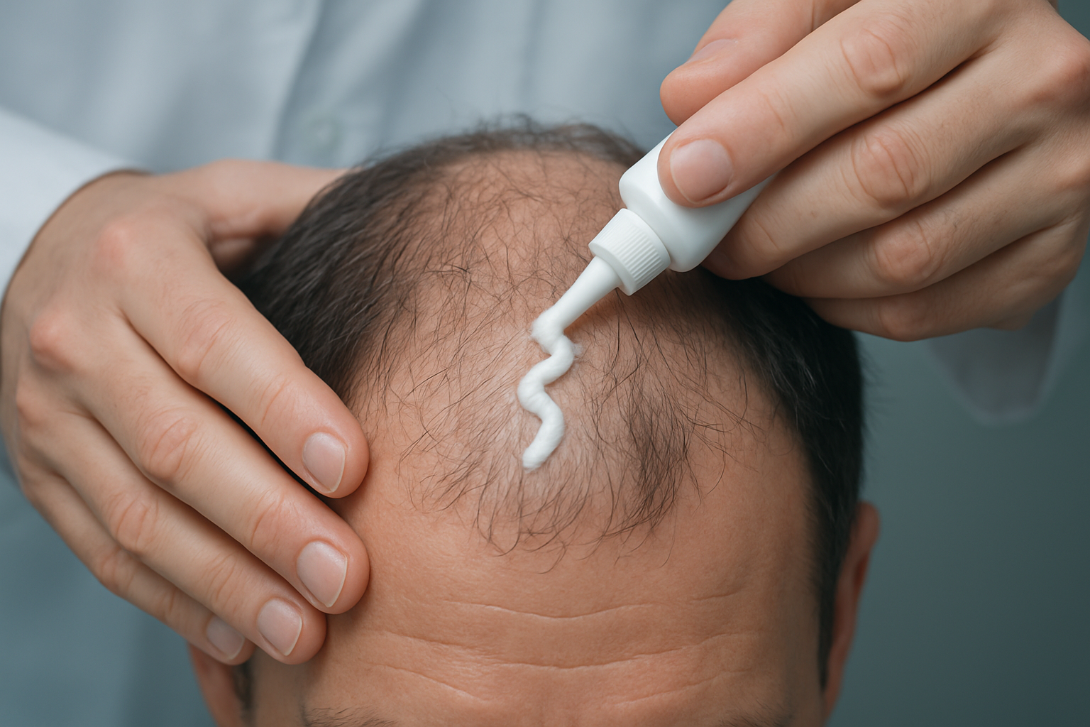 Close-up of a dermatologist applying topical treatment to scalp showing diffuse thinning hairmaxxing in progress.