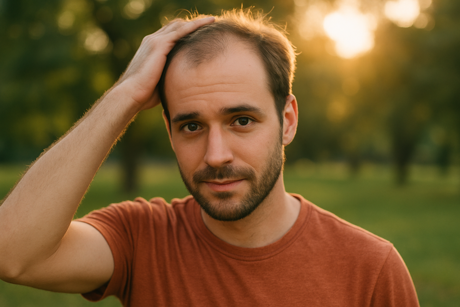 Young man outdoors during golden hour showing early diffuse thinning hairmaxxing and receding hairline care.