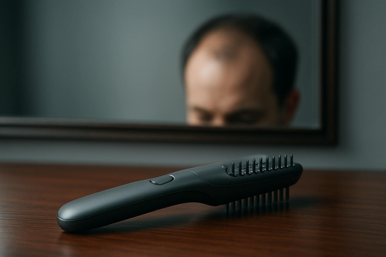 Close-up of a hairmaxxing device with reflected diffuse thinning hairmaxxing treatment context in a cinematic still.